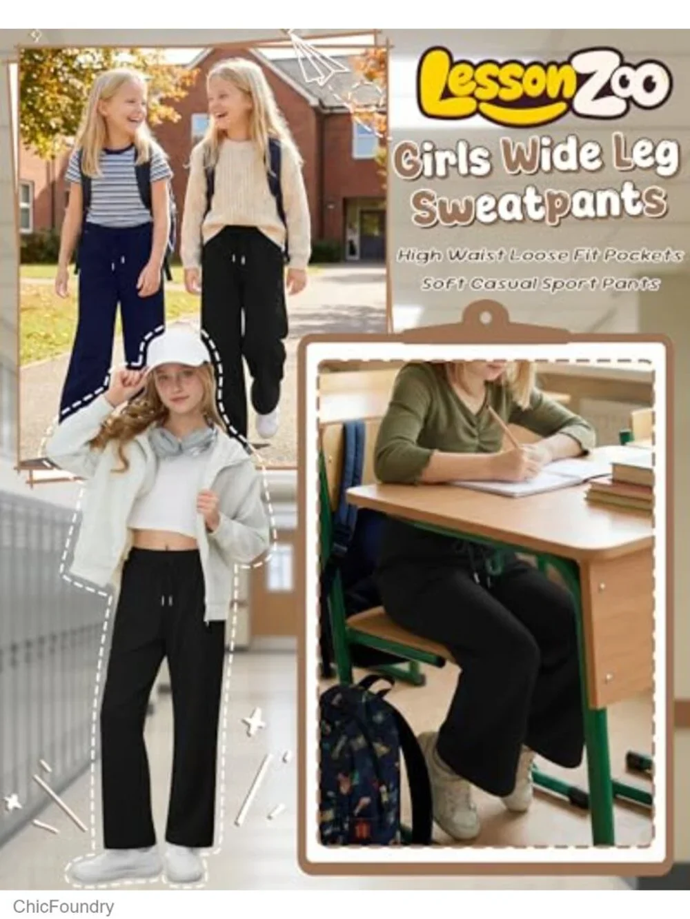 Wide Leg Sweatpants for Girls, Loose Athletic Kids Pants with Pockets